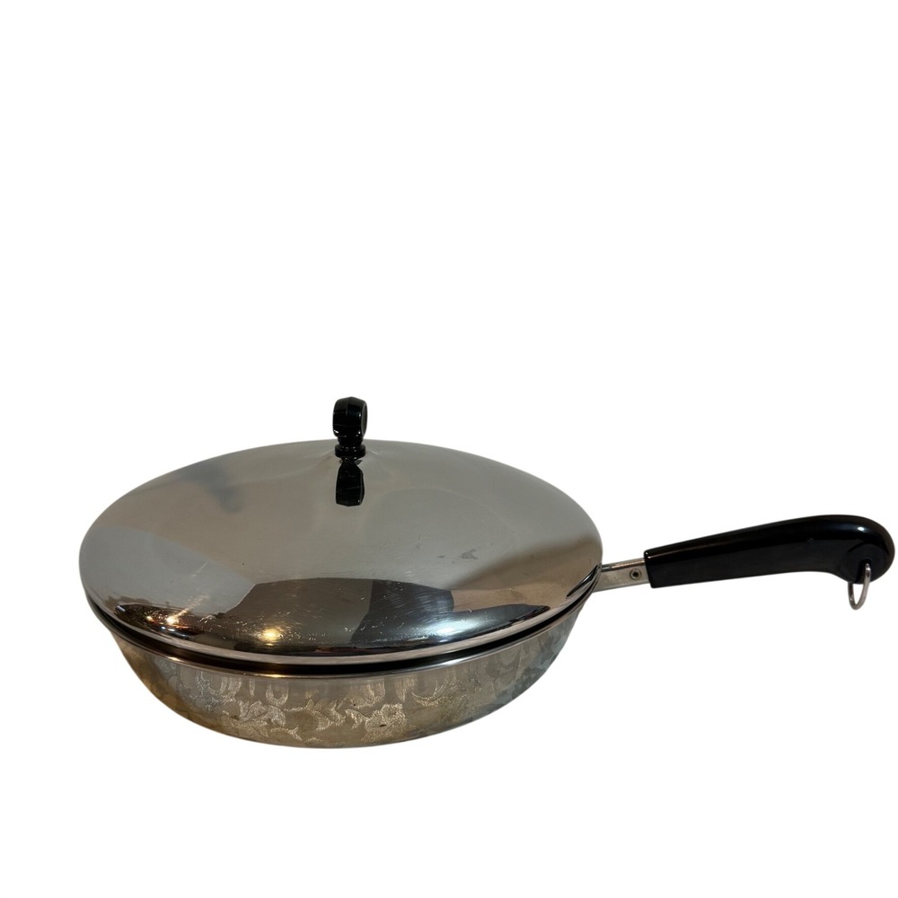 Revere Ware 12 Inch Skillet Copper Bottom Stainless Steel Pan with Lid USA 94m
